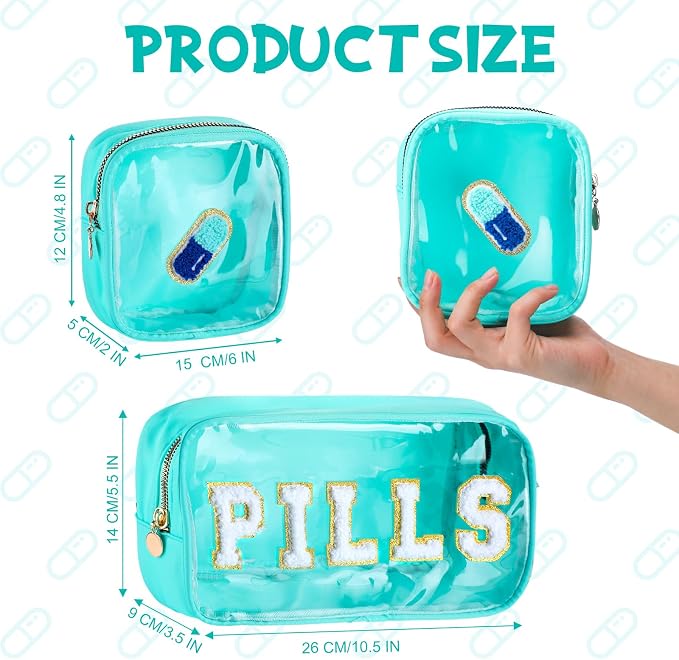 Hillban 2 Pcs Medicine Bag Chenille Letter Patch Meds Bags Travel Cases Preppy Clear Nylon Portable Makeup Bags Zipper Cosmetic Toiletry Storage for Women PVC Transparent Mini First Aid Bag(Fresh)