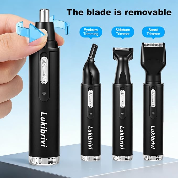 Rechargeable Ear and Nose Hair Trimmer, 4-in-1 Professional Painless Eyebrow & Facial Hair Trimmer for Men Women, Powerful Motor and Dual-Edge Blades for Smoother Cutting,Black