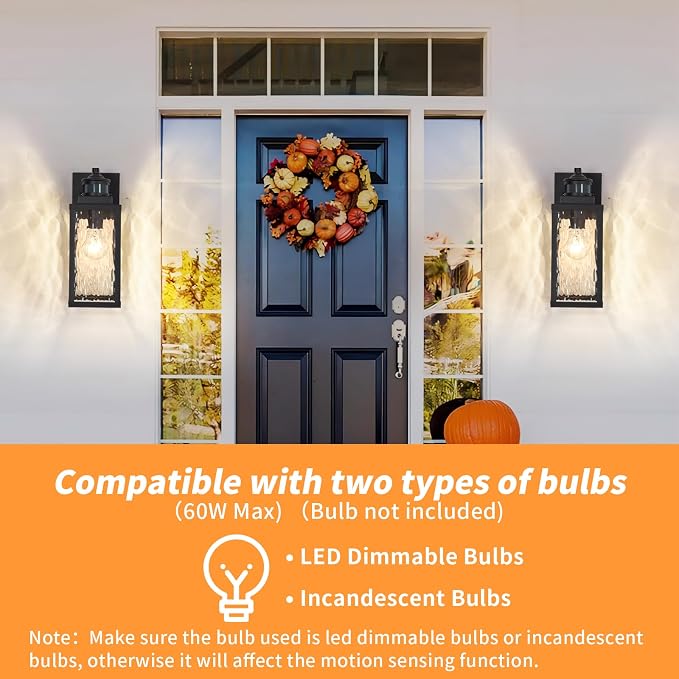 2 Pack Updated Dusk to Dawn Motion Sensor Outdoor Wall Light | Matte Black, Anti-Rust Aluminum, Waterproof, Water-Rippled Glass,Outdoor Wall Sconce for Porch, House,Garage & front door