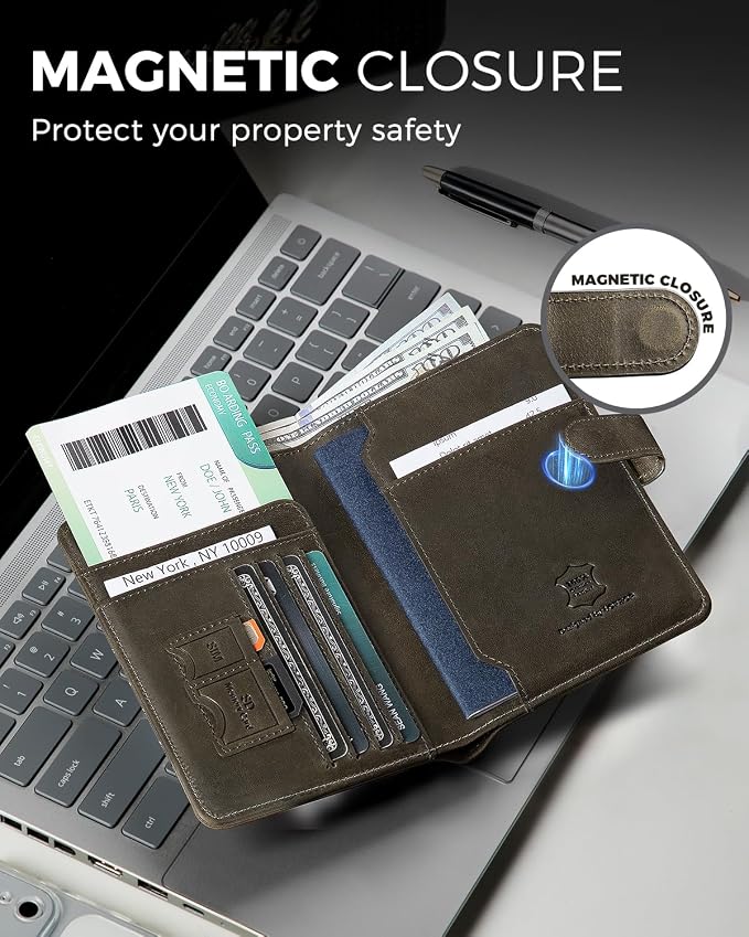 Passport Holder for Travel: Full Grain Leather Passport Cover with Airtag Holder Magnetic Buckle for Men - RFID Blocking Bifold Wallet for Air Ticket Card Cash Coin (Black-yellow)