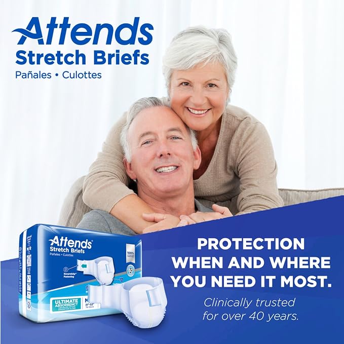 Attends Stretch Adult Incontinence Disposable Briefs, Medium/Regular 31"-52" Waist with SecureGrip Tab Closure, Ultimate Absorbency with Dry-Lock Containment Core and Breathable Side Panels, 96ct Case