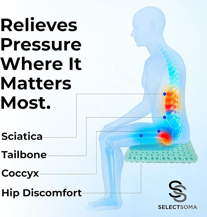 SelectSoma Gel Seat Cushion for Long Sitting, Pressure Relief for Sciatica, Tailbone, Coccyx & Back Pain, Office Chair, Wheelchair, Car & Truck – Standard Size Mint Green Gel