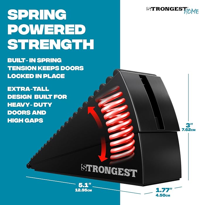 STRONGEST HOME Stoppers for Bottom of Door – Heavy Duty Metal Rubber Door Stopper, Non-Slip Door Stop for Heavy Doors, Works on Wood, Tile & Carpet Floors, Folding Black 1 PC + 1 White Wall Protectors
