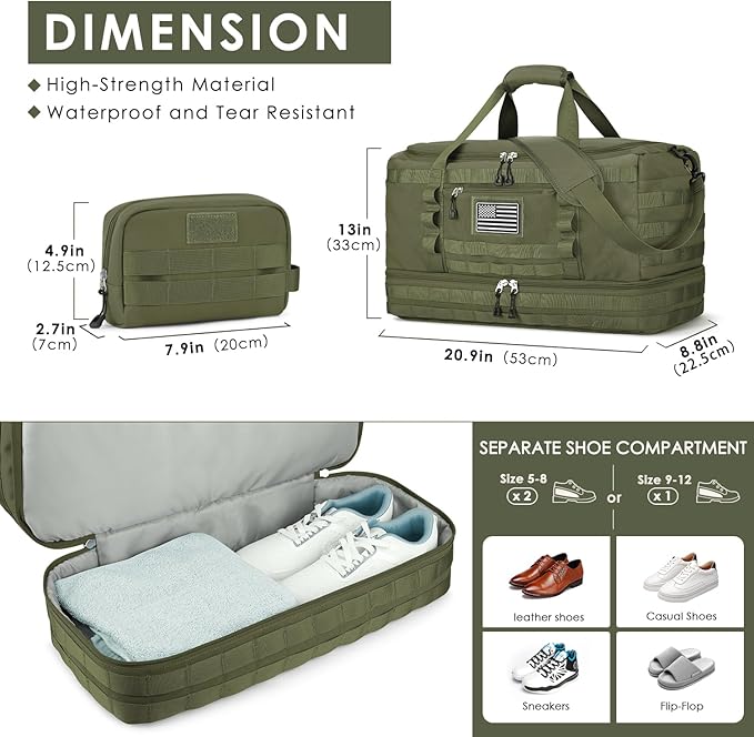 Gym Bag for Men Women, Carry on Luggage 22x14x9 Airline Approved Duffle Bag | Tactical Travel Bags with Toiletry Bag and Shoe Compartment, Weekender Overnight Duffel with Wet Pocket for Workout, Green