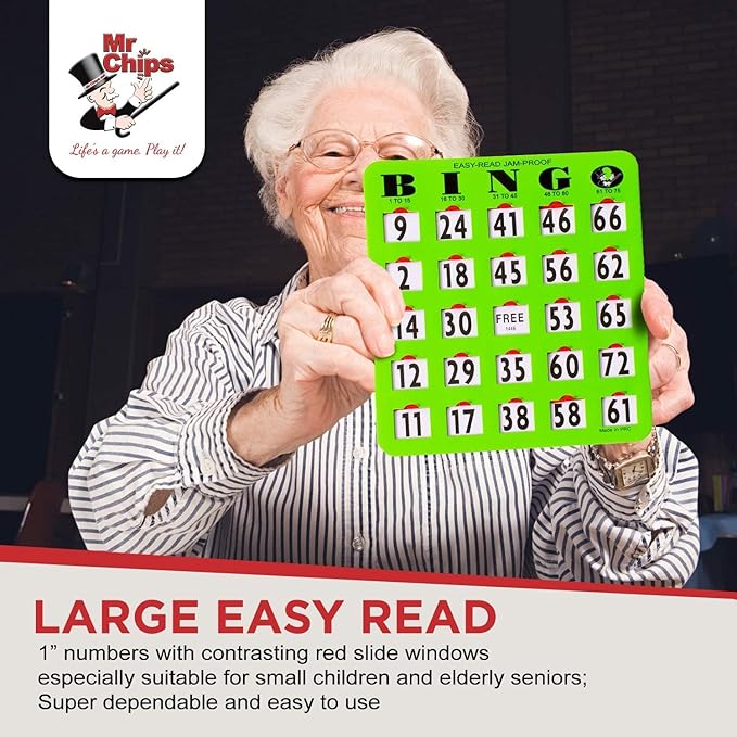 MR CHIPS Jam-Proof Easy-Read Large Print Fingertip Bingo Cards with Sliding Windows 25 Pack in Green Style