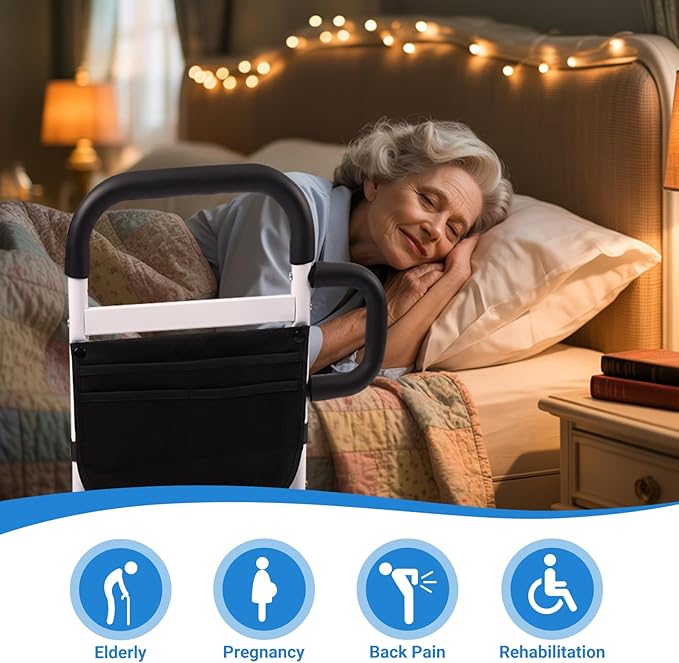 Klvied Bed Rails for Elderly Adults Safety, Adjustable Bed Side Rails with Side Handle, Bed Cane with Motion Light and Storage Bag, Fit King, Queen, Full, Twin,Medium