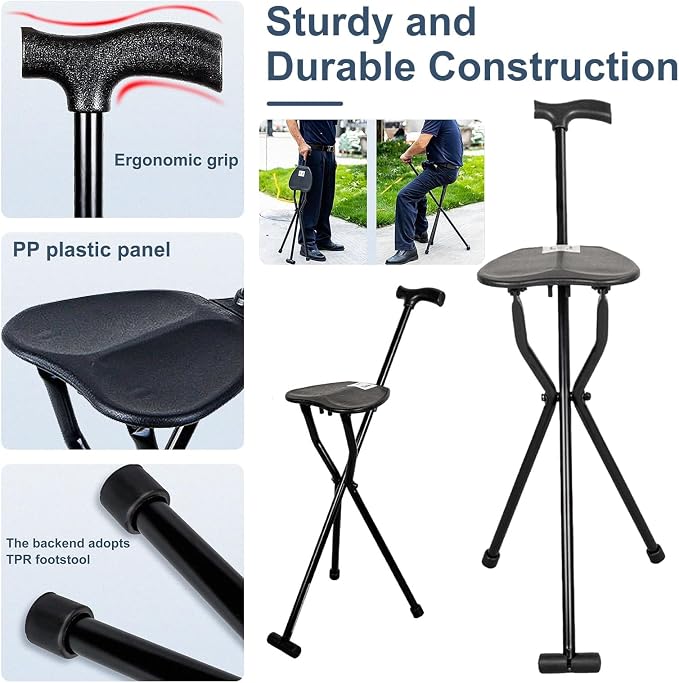Heavy Duty 300 lbs Folding Walking Cane with Seat, Lightweight Aluminum Collapsible Cane Stool for Seniors, Portable Walking Stick Chair for Travel, Queue, Easy Carry, Anti-Slip