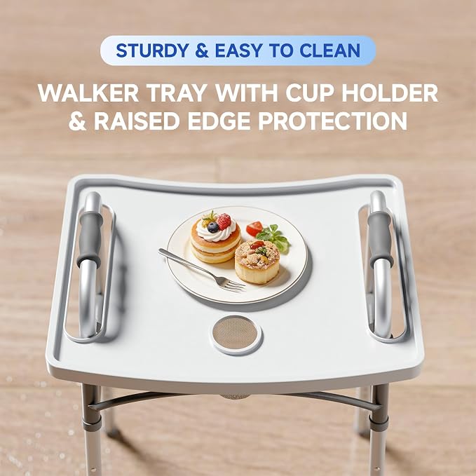 Dual Push-Button Folding Walker with Wheels & Removable Food Tray | Adjustable Height Lightweight Walker for Seniors, 350lb Capacity
