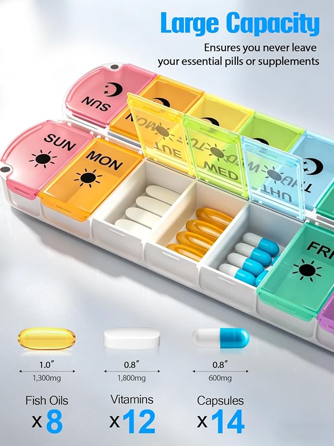 Gelibo Pill Organizer 2 Times a Day,Magnetic Foldable Weekly AM PM Pill Case, Large Travel Pill Box for Vitamins,Supplements,Medication Organizer 7 Day,Never Spill Pills,Easy to Open for Arthritis