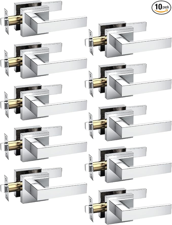 KNOBWELL 10 Pack Polished Chrome Door Handles Interior Modern Square Door Knob for Closet Hallway Pantry
