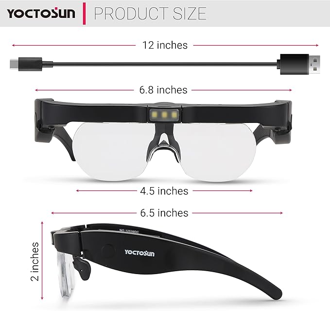 YOCTOSUN Magnifying Glasses with Light, Rechargeable Head Magnifier Glasses with 3 LED Lights and Detachable Lenses 1.5X, 2.5X, 3.5X, 5X, Magnifying Headset for Close Work Hobby Jewelry Crafts