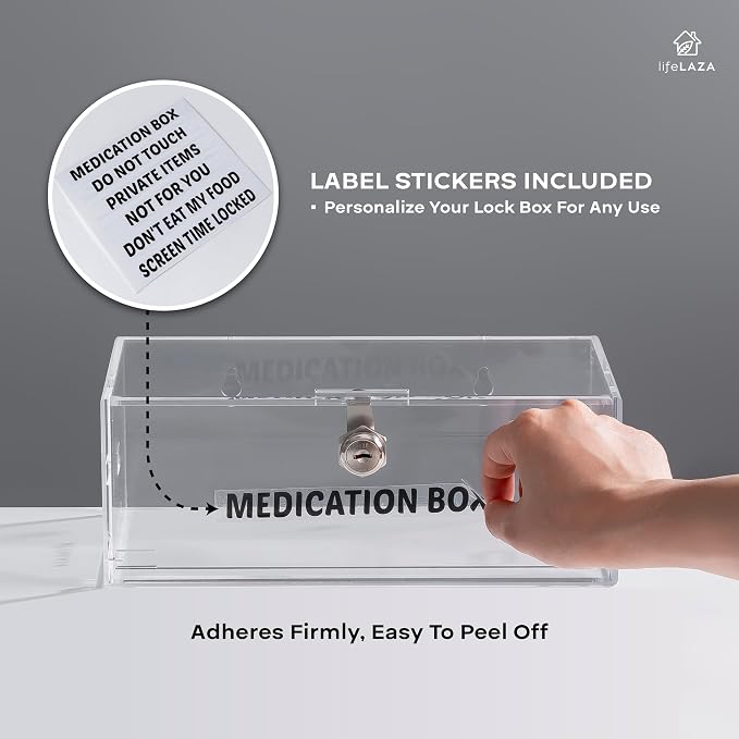 LifeLAZA Acrylic Refrigerator Lock Box, Medication Lock Box With 4 Key, Wall Mount Clear Safe Lockbox with Labels for Phone, Fridge, Food, Medicine