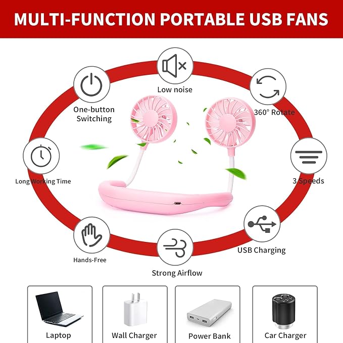 JUANANIUG Portable Neck Fan Rechargeable Personal HandFree Fan Mini USB Wearable Neckband Sport Fan 3 Speed Adjustable 360 Degrees Rotation Perfect for Working Traveling Office Reading (Pink)