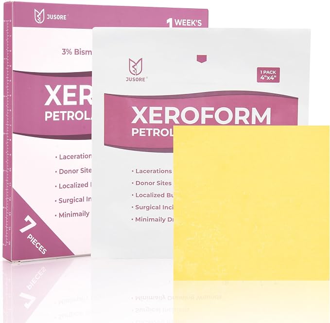 Xeroform Petrolatum Dressing 4"x4" Gauze - FSA-HSA, Non Stick Gauze Pads | Medical Soft Fine Mesh Patch for Wound Care, Burns, Lacerations, Skin Grafts & Surgical Incisions, 7 Individual Pack