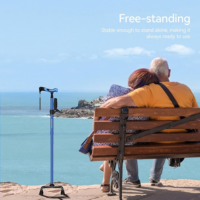 KingPavonini Walking Cane for Women/Men with Second Handle, Foldable & Adjustable Quad Cane with 4-Pronged Base for Standing, Lightweight Walking Aid for Seniors & Adults
