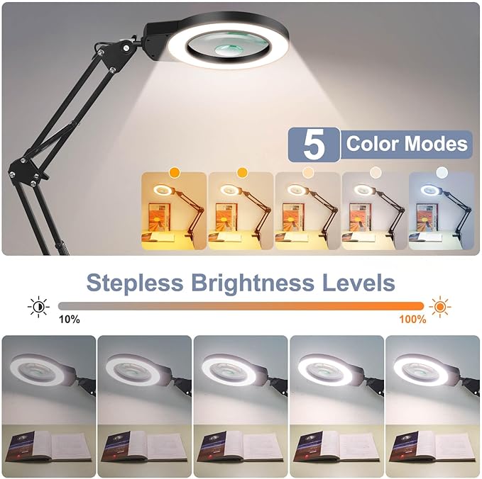 Magnifying Glass Light Clamp Desktop Lamp Stand Desk Table Close Work Up for Crafting, Model Assembly, Reading, Sewing, Jewelry Making, 10X-5X HD Magnifier 50 illumination Options for Elderly