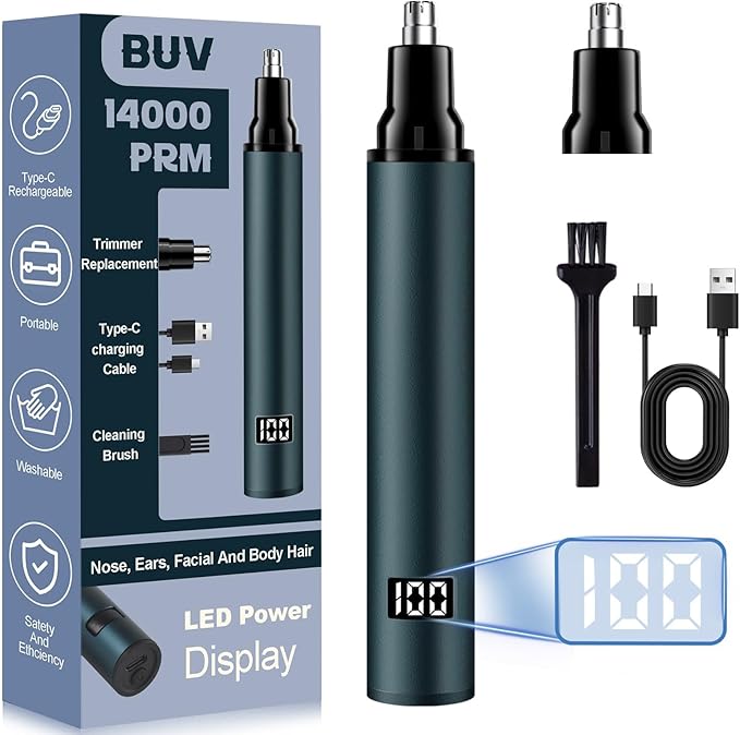 BUV Nose Hair Trimmer for Men with LED Display- 2026 Professional Painless Ear Hair Trimmers for Women, USB Rechargeable Nose Hair Trimmer Clipper – 14,000 RPM IPX7 Waterproof Dual Edge Blades, Blue