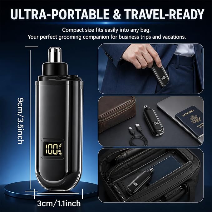 Portable Nose Hair Trimmer for Men Women, Update Ear and Nose Hair Trimmer Clipper, Waterproof Dual Edge Blades Nasal Trimmers with LED Display, USB-C Rechargeable Facial Hairs Remover, Mini Size