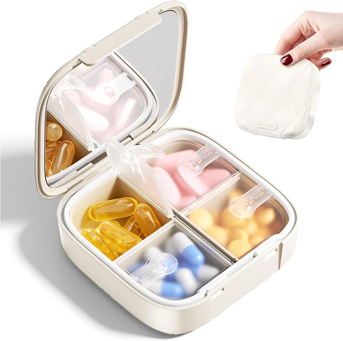 Travel Pill Organizer for Women, Cute Pill Box with Mirror | Compact,Waterproof,Bpa-free,Stylish,4 Compartment