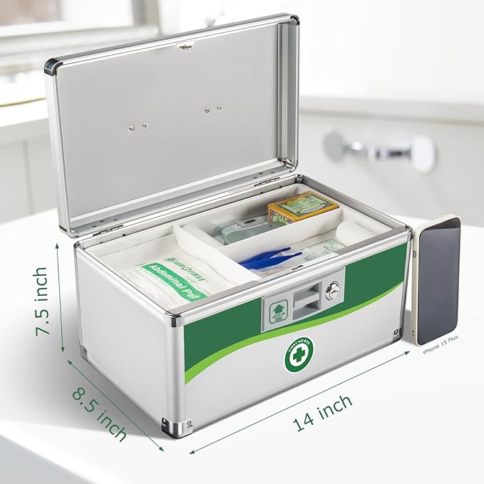 Medicine Lock Box, First Aid Safe Medication Storage Box, Layered Aluminum Daily Medicine Lockable Box with Key (Large)