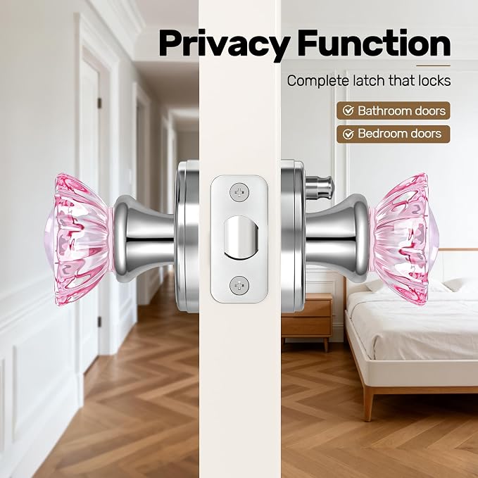 Pink Glass Door Knobs Interior with Lock, Crystal Door Knob | Interior Rose Shape Polished Chrome Privacy Door Knob for Bedroom and Bathroom