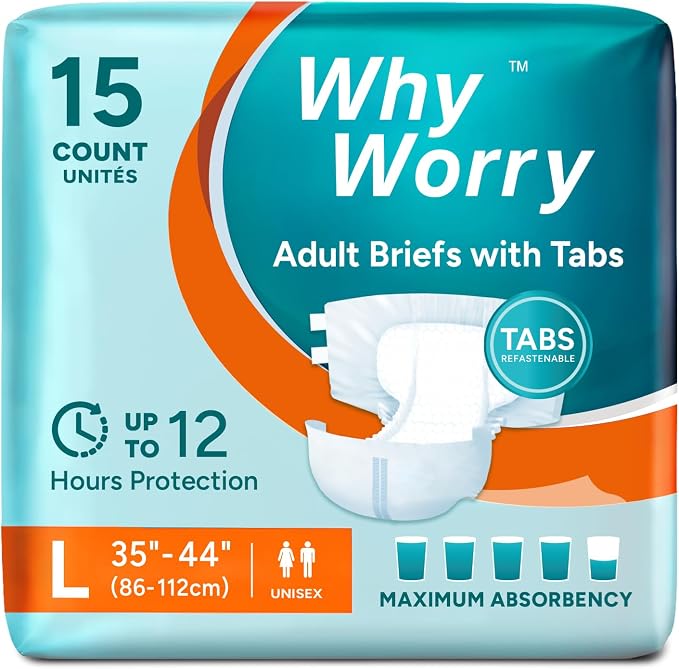 WhyWorry Adult Diapers with Tabs, Maximum Absorbency, Large, 15 Count | Disposable Incontinence Briefs, for Women & Men, Leak-Proof Diaper, Overnight Protection, Odor Control, Unisex