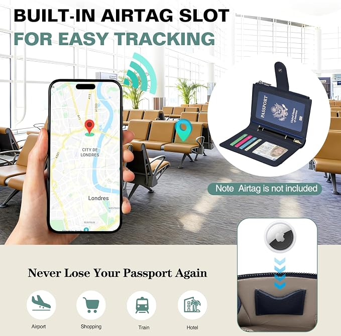 RFID Passport Holder for Travel, Leather Passport Wallet Cover with Airtag | with Airtag Slot, Card Cash Holders, Zippered Coins Pocket, for Women/Men, Gift Box, Travel Essentials, 4.1"L x 1"W x 6.3"H