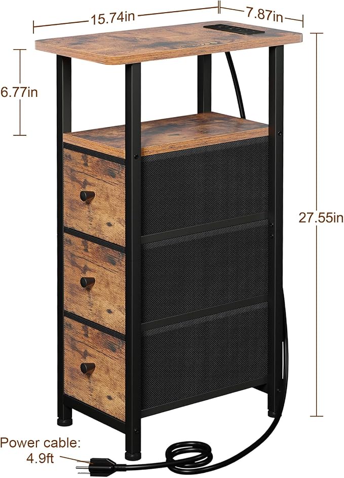 Narrow End Table with Charging Station, Small Nightstand | Skinny Side Tables Living Room with 3 Fabric Drawers, Slim Bedside Table for Bedroom, Small Spaces, Couch, Rustic Brown