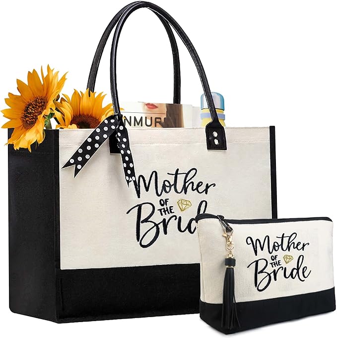BeeGreen Mother of The Bride Bridal Shower Gift for Women with Zipper Pocket Embroidery Monogram Wedding Tote Bag for Bride Bachelorette Gifts Engagement Gifts