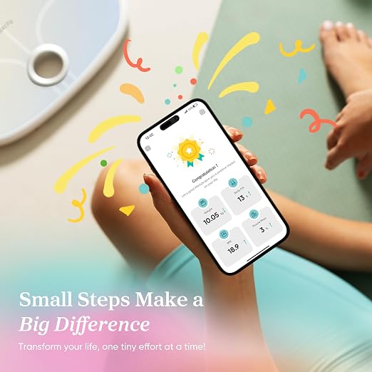 Etekcity Smart Rechargeable Scale for Body Weight, BMI, Fat, Muscle Mass, FSA&HSA Eligible, Digital Bathroom Scale with 13 Metrics, Secret Mode, Bluetooth Connect to Free Apps, Rainbow White