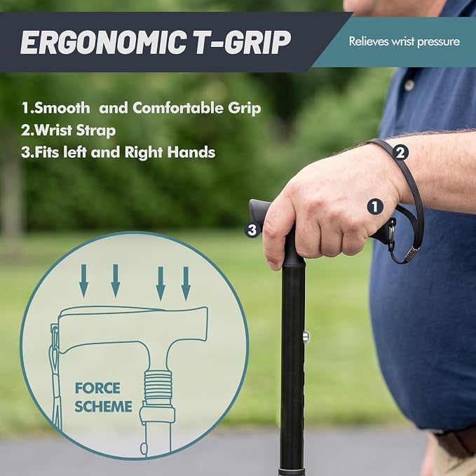 GPTCAMP G2 Walking Stick, Fold-up Walking Cane for Women and Men with Wrist Strap, Portable, Foldable, Collapsible, Lightweight and Sturdy with Comfortable T Handle