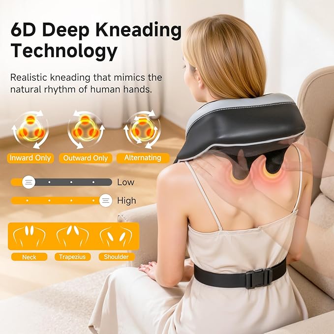 6D Neck Massager for Pain Relief Deep Tissue, Kneading Shiatsu Neck and Shoulder Massager with Heat,Cordless Massager for Back and Shoulder Pain, Gifts for Women Men Home Office Christmas