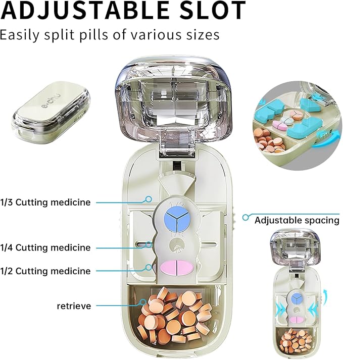 Pill Cutter Splitter for Small and Tiny Pills - Adjustable Pill Cutter for 1/2 1/3 1/4 Quarter Split, Built-in Pill Case for Travel, Pocket, Safe for Medication, Not for Large Hard Vitamins (Green)