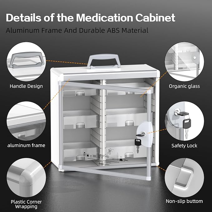 Glosen Lockable Medicine Cabinet with 6 Removable Trays, Wall Mounted & Portable Locking Medicine Cabinet Organizer with Key Lock for Home, Bathroom, Office - Aluminum Frame(15.63 * 6.5 * 15.43Inch)