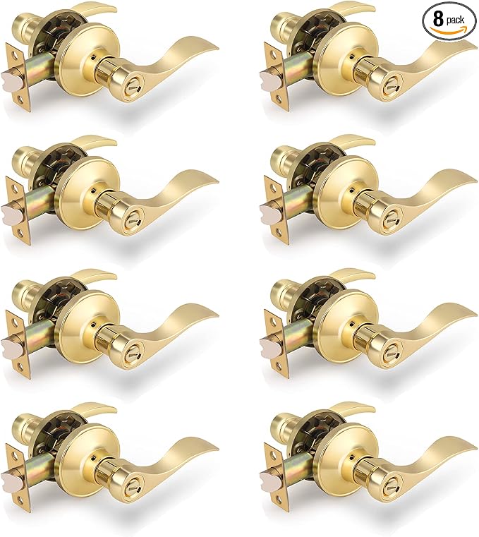 8 Pack Polished Brass Interior Door Handles Drop Privacy Door Levers Lockset for Bed and Bath,Keyless Door Locks with Classic Rond Rosette