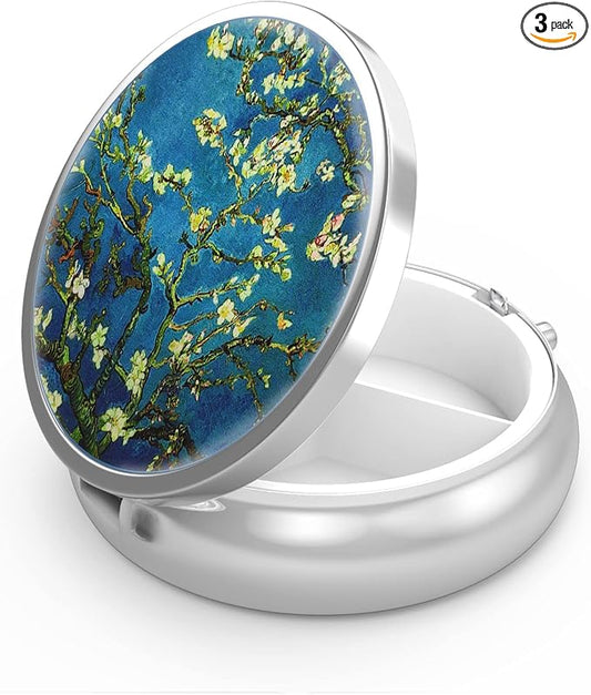Pill Box, 3 Compartment Small Pill Case for Purse & Pocket, Cute Pill Organizer Travel Pillbox, Pill Container Holder to Hold Vitamins, Medication, Fish Oil and Supplements(Van Gogh Almond Blossom)
