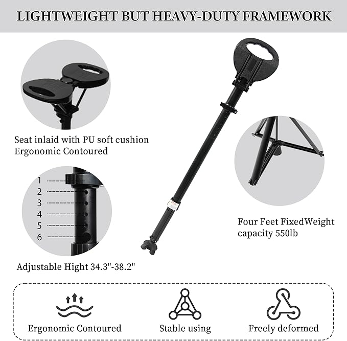 XXL Portable Walking Cane with Seat, Adjustable 34"-37" Foldable Lightweight Aluminum Anti-Slip Walking Stick for Men & Women, 550 Lbs Cane with Chair for Travel Hiking with Carry Bag