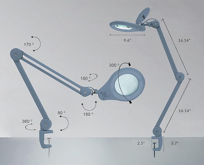 Neatfi (New Model) Bifocals 1,200 Lumens Super LED Magnifying Lamp with Clamp, Dimmable, 60 Pcs SMD LED, 5 Inches Diameter Lens (5 Diopter + 20 Diopter, Gray)