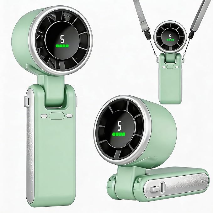 Portable Handheld Turbo Fan, 5 Gear Wind, Battery Operated, Up to 13 Working Hours Rechargeable Fan, 3 IN 1 Hand Fans with Air Turbo Tech Cooling Fan for for Travel, Beach, Outdoor - Green
