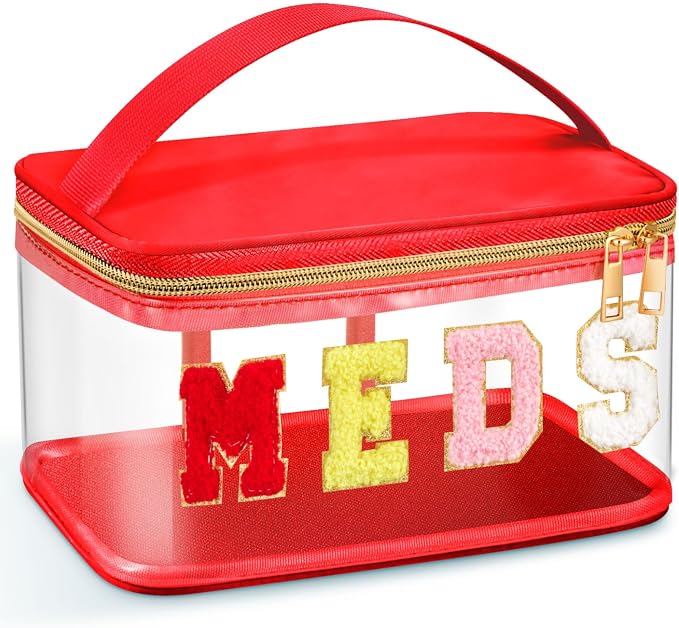 Geetery Chenille Letter Bag, Meds Cheer Travel Cases Cheerleader Gifts Cosmetic Bag Nylon Makeup Portable Preppy Patch with Zipper Toiletry Storage Case for Women(Red,Meds)