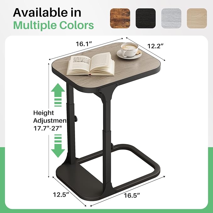 Kitstorack Height Adjustable End Table 2 Pack, Small Side Table for Couch, Sofa Table with Metal Frame for Living Room, Bedroom, Bedside C Shaped Table,Greige