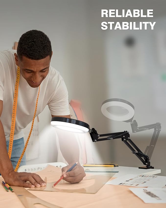 Magnifying Glass with Light and Stand, 10X & 5X Desk Magnifying Lamp, Stepless Dimmable Magnifier with Light, Adjustable 10 Brightness Level and 5 Color Modes Clamp Lamp for Craft Workbench (Blue)