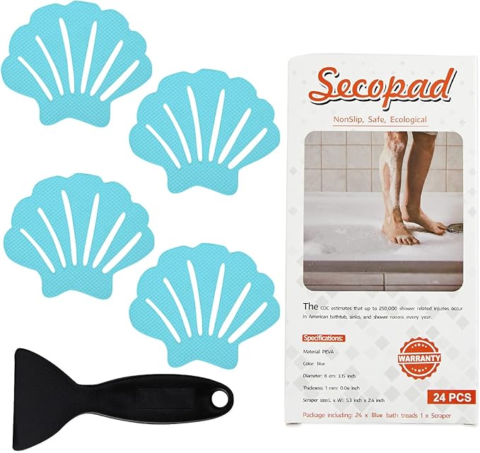 Non-Slip Bathtub Stickers, 24 PCS Shell Safety Bathroom Tubs Showers Treads Adhesive Decals Scraper (Blue)