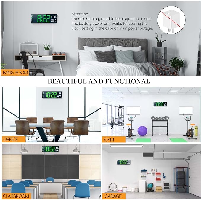 Digital Clock, Digital Wall Clock for Living Room Decor, Desk Alarm Clock for Bedroom, Large Wall Clock with Remote Control, Automatic Brightness Dimmer LED Clock with Date Temperature Week (Green-B)