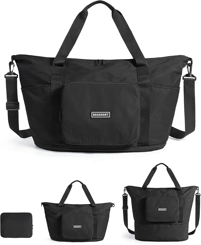 BAGSMART Foldable Travel Bag, 37L Expandable Personal Item Bag, Lightweight Travel Essentials for Women, Water Resistant Extra Carry on Bag, Black