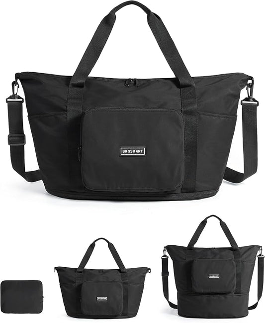 BAGSMART Foldable Travel Bag, 37L Expandable Personal Item Bag, Lightweight Travel Essentials for Women, Water Resistant Extra Carry on Bag, Black