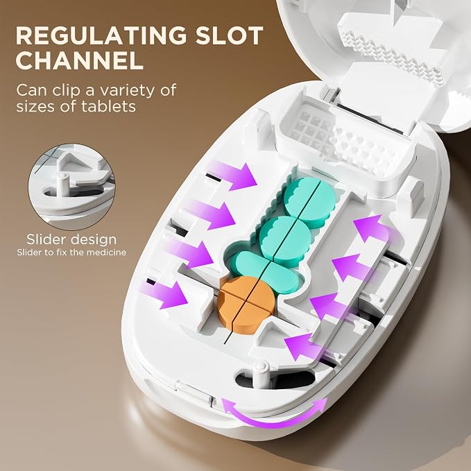 Pill Cutter Splitter for Small and Tiny Pills, 1/2 1/4 Pill Splitter for Small Pills,Vitamins, Tablets in Half or Quarters, Accurate and Easy Cutting, Stainless Steel Blade, Back Storage (White)