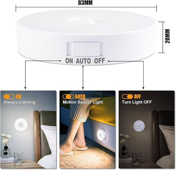 14 LEDs Motion Sensor Light Indoor, 3 Pack Rechargeable Night Light | Rechargeable, Wide Detection Range, 5 Light Modes, Bedroom Closet Lights, Anywhere Stair Light, Hallway Light- Cold White