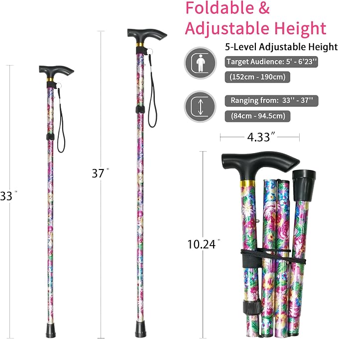 Folding Canes for Men and Women, Floral | 5-Level Adjustable Height, Lightweight Collapsible, Aluminum, Wrist Strap, T Handle, Walking Sticks for Seniors Adults