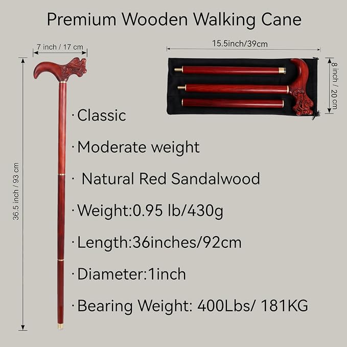 Handcrafted Solid Wood Walking Cane, 3-Section Detachable Brass Joints, Heavy Duty 400+ lbs Support, Lightweight 0.88 lbs, Anti-Slip Rubber Tip, 34.6 in